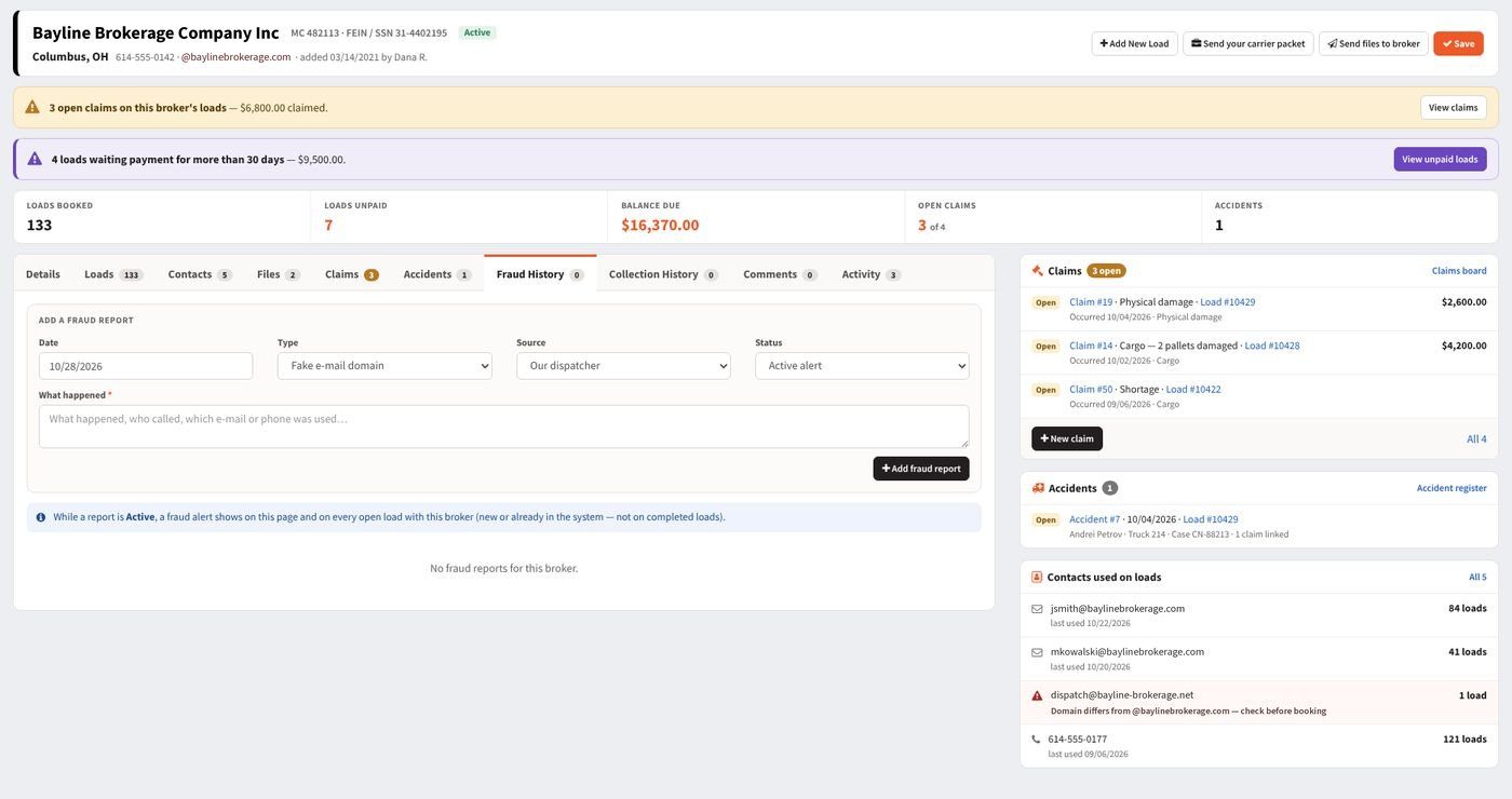 Broker page with fraud history
