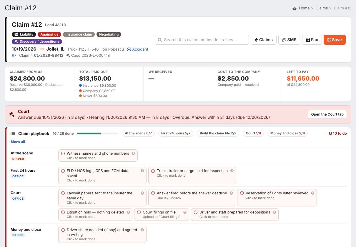 Claim page with court deadline and playbook