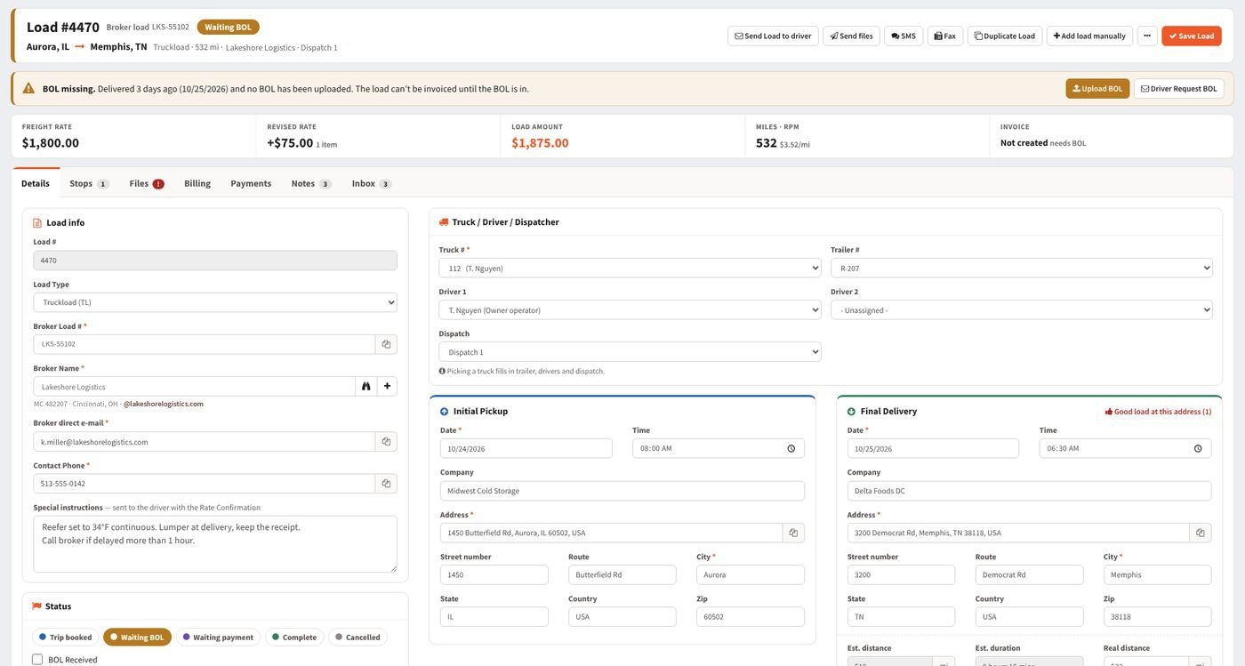Load page with a missing BOL warning