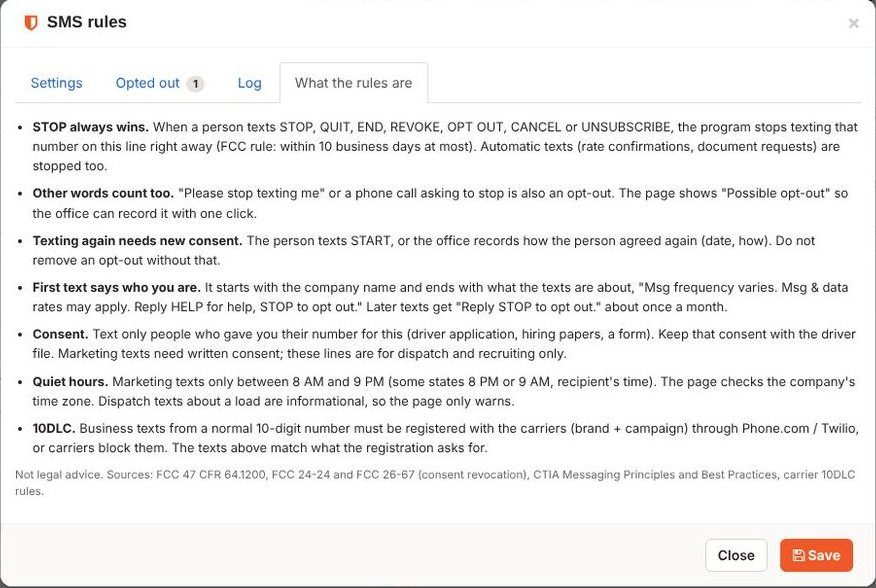 SMS rules window