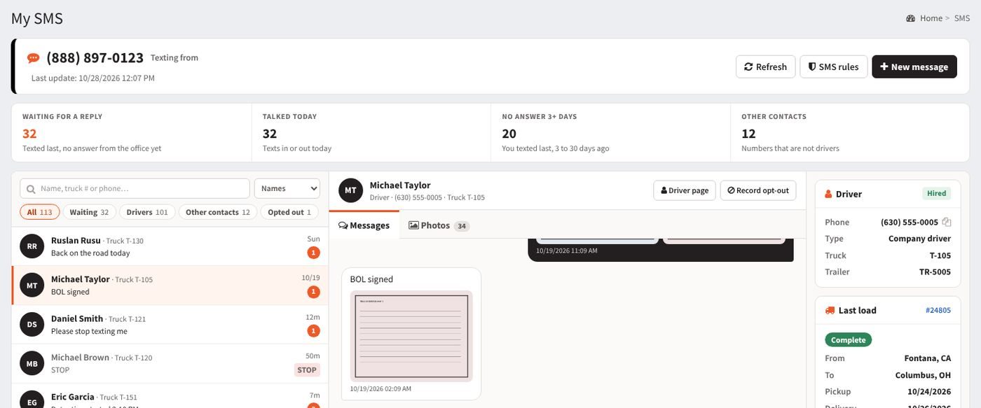 SMS page with driver conversations